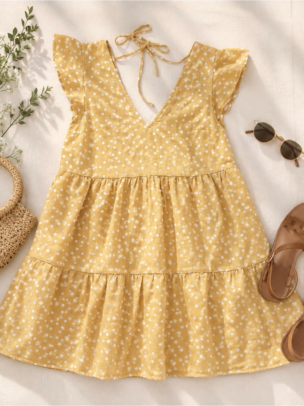 Abercrombie & Fitch Yellow Polka Dot Flutter Sleeve Tiered Dress